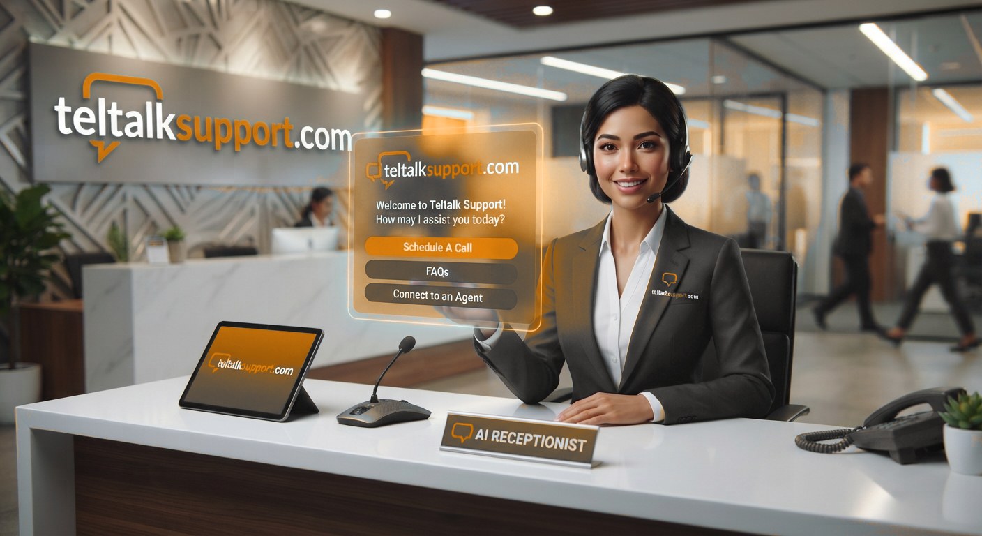Smiling receptionist wearing a headset at a front desk, with an AI chat panel offering to schedule a call